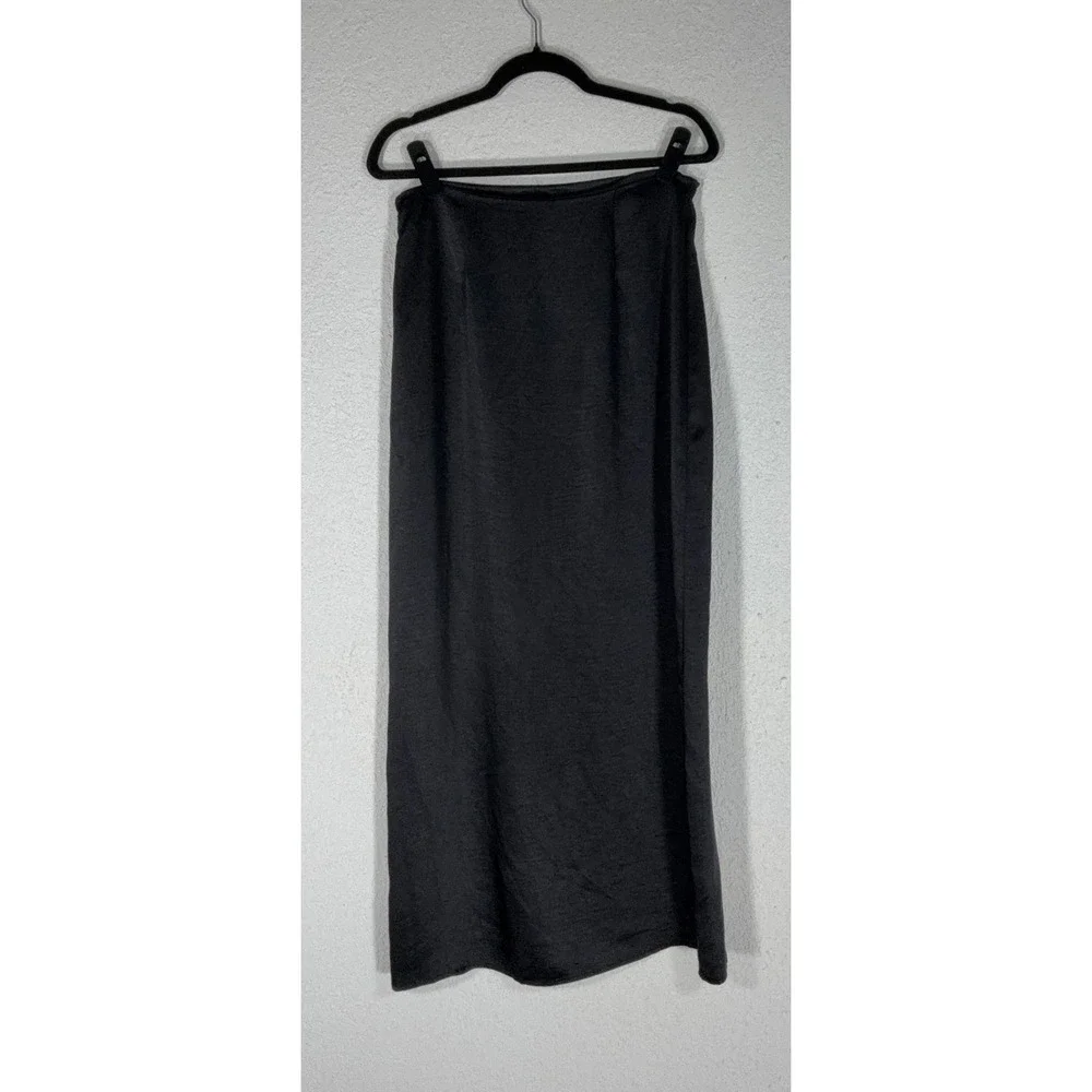 Forever 21 Black Satin Midi Skirt - L - Side Slit High Rise Minimalist 90s Chic